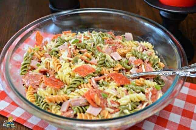 Pizza pasta salad in a glass bowl