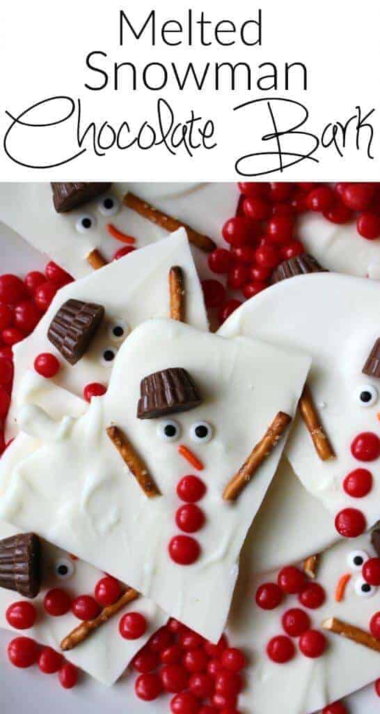 White chocolate bark with the image of a snowman made out of candy