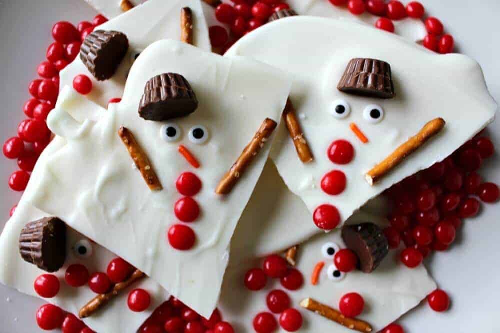 White chocolate bark with the image of a snowman made out of candy