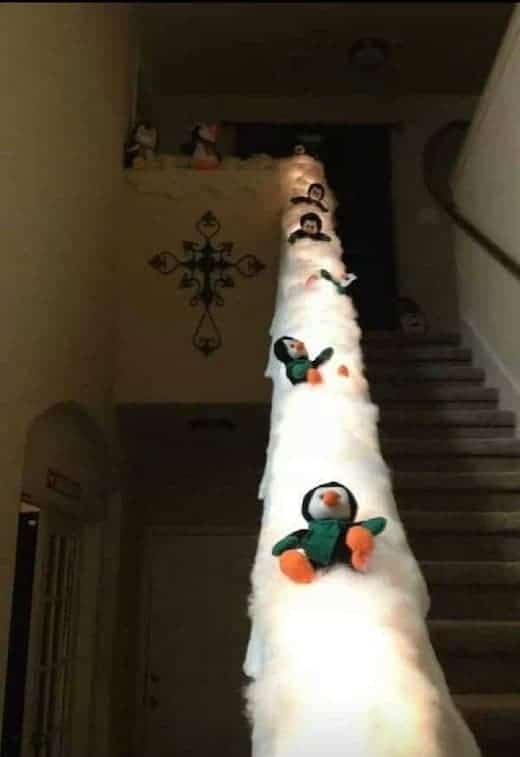 Penguins sliding down banister and other easy holiday decorations