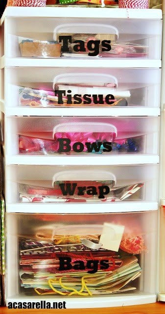 Labeled Gift Wrap Supply Storage by A Casarella 