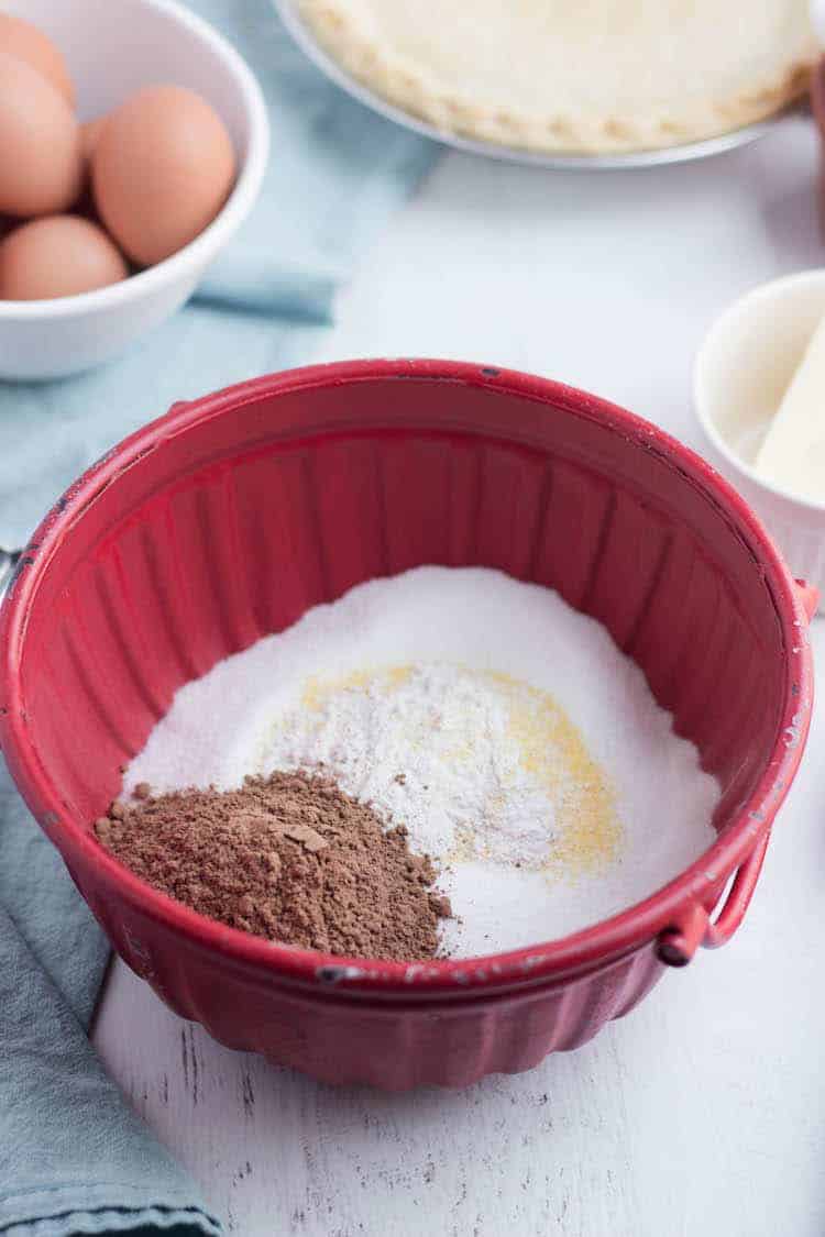 Chocolate Chess Pie Ingredients in mixing bowl