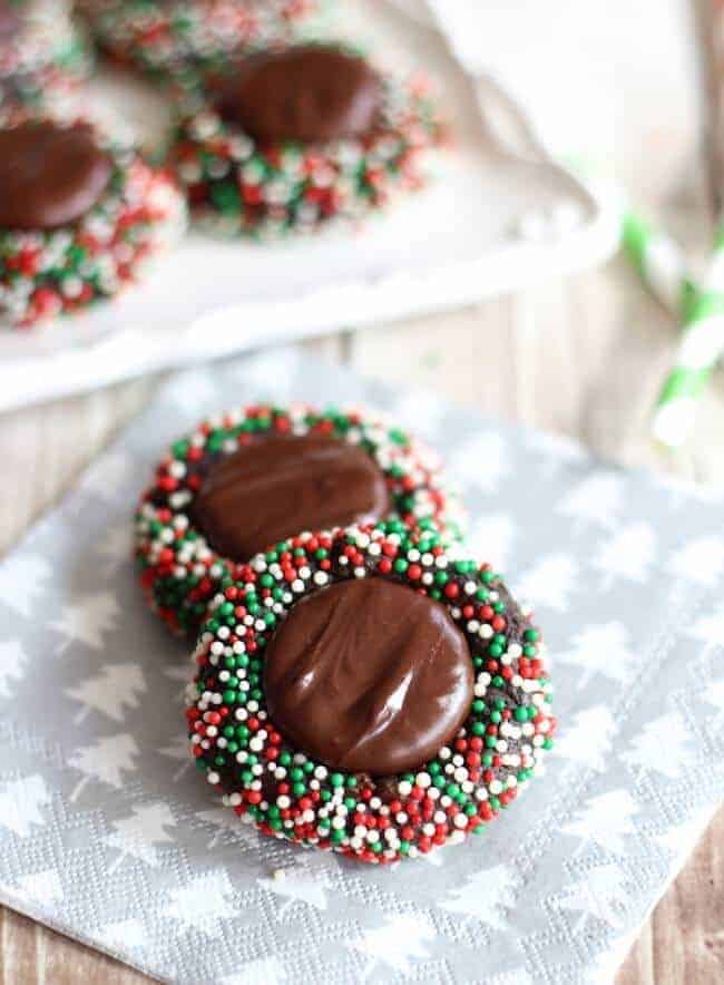 Dark Chocolate Peppermint Patty Thumbprints Cookies with Sprinkles 