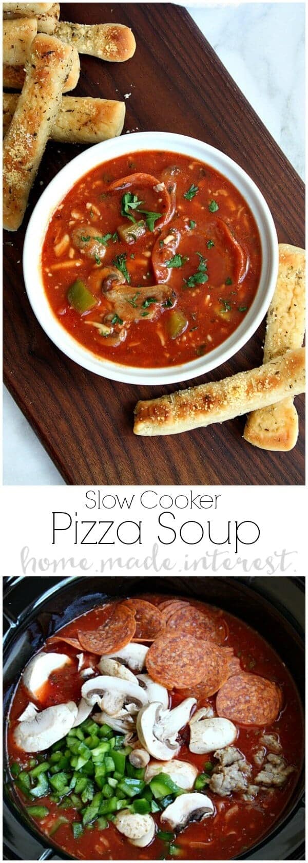 A bowl filled with different types of food, with Soup and Slow cooker