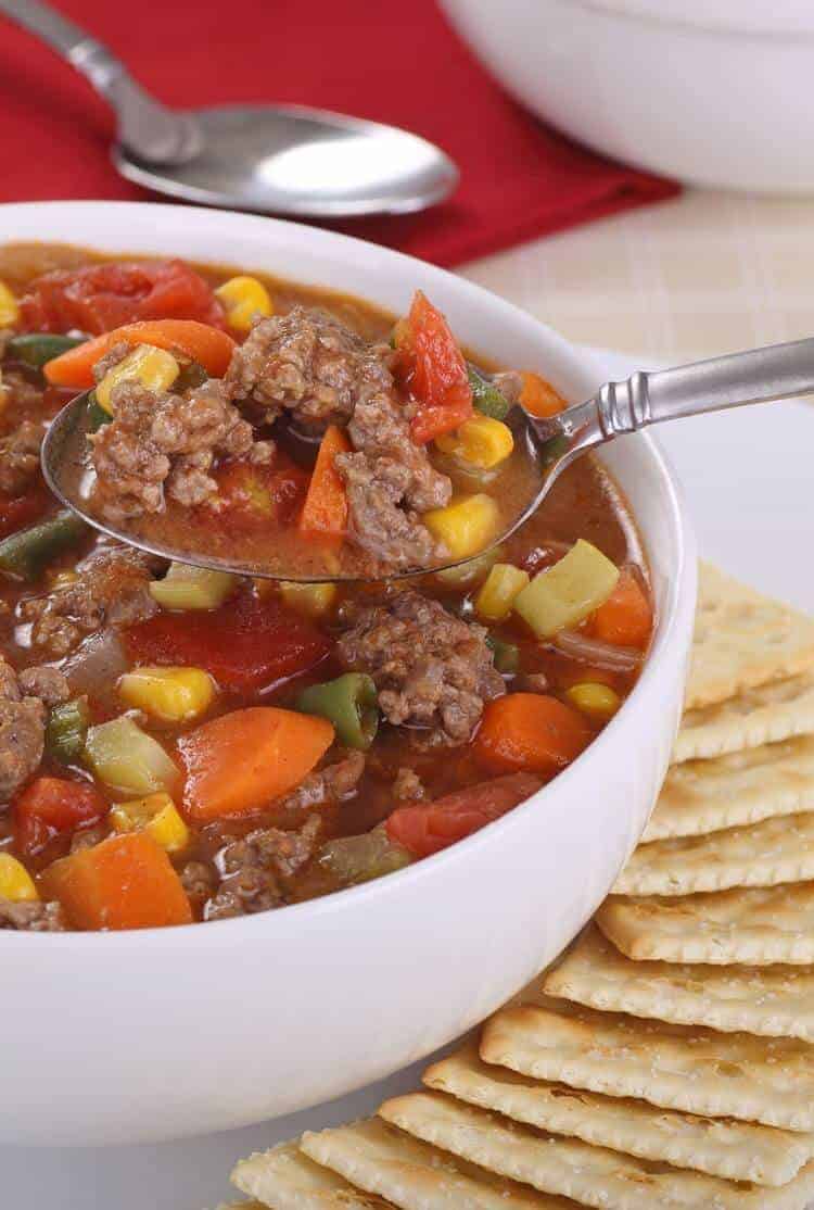 A bowl of food on a plate, with Soup and Slow cooker
