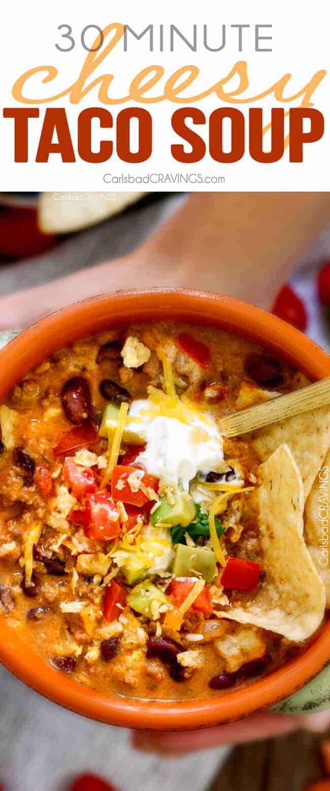 A bowl of food, with Soup and Taco