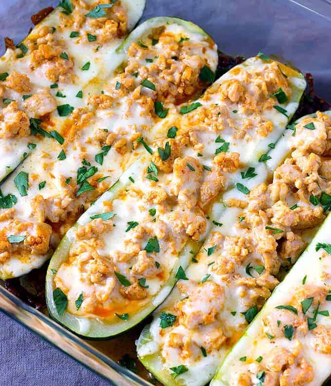 Buffalo Chicken Zucchini Boats by The Wholesome Chef | Favorite Low Carb Recipes