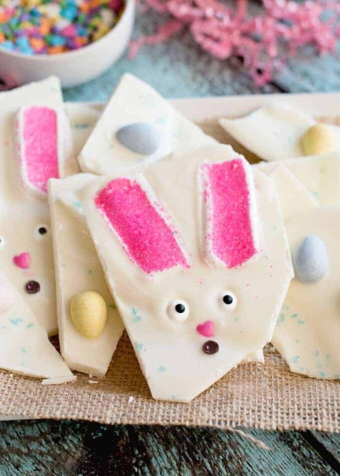 Pieces of white chocolate bark with the Easter bunny on them