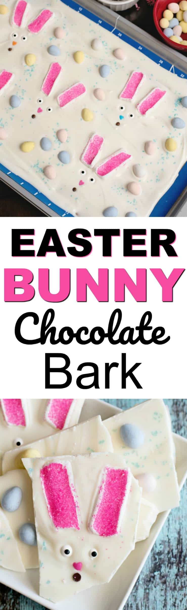 The words Easter Bunny Chocolate Bark on a pin with 2 photos of the bark