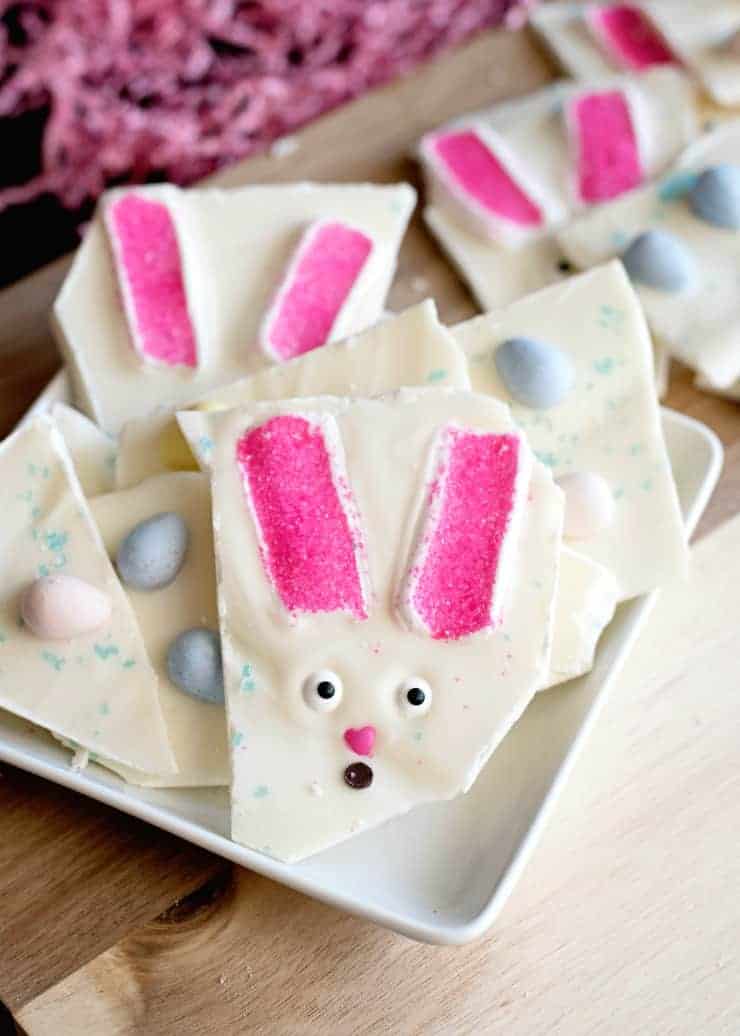 Close up of Easter Bunny white chocolate bark.