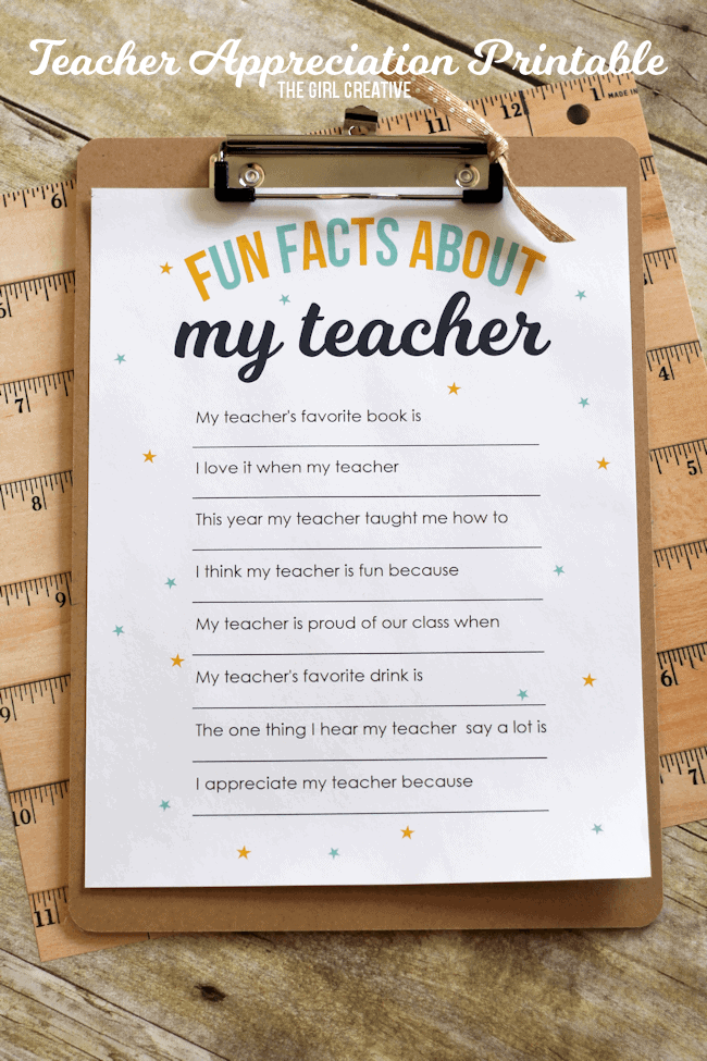 Fun-Facts-About-My-Teacher by The Girl Creative | Teacher Appreciation Gift Ideas that Rule! 