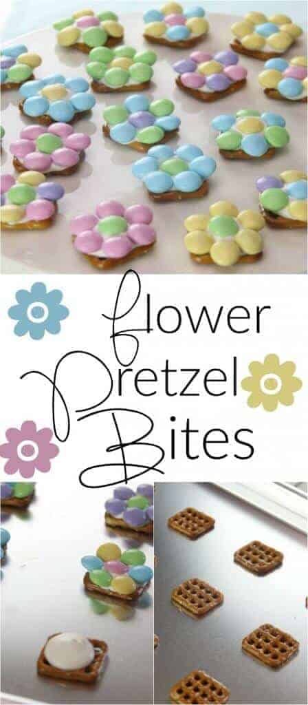Flower Pretzel Bites pin with the words in the middle of 2 photos of pretzels with pastel colored M&Ms.