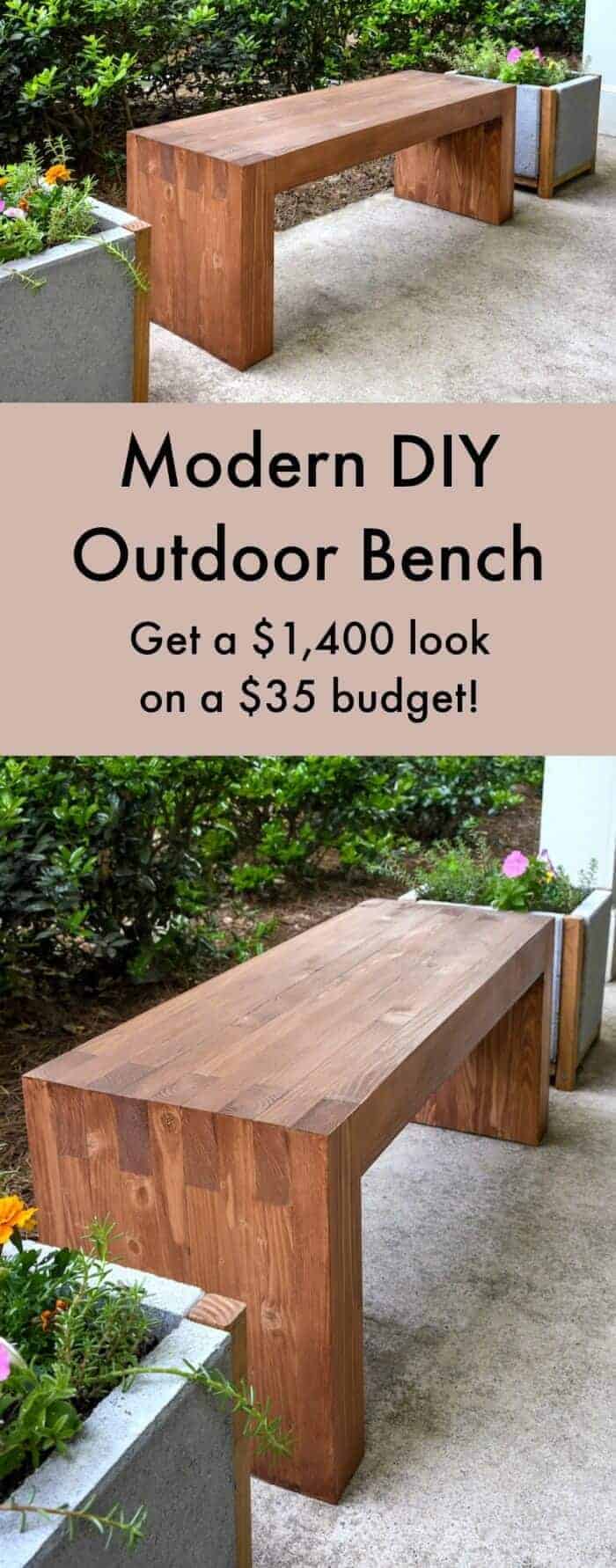 Williams Sonoma Inspired Modern Outdoor Bench by DIY Candy | Budget Backyard Project Ideas