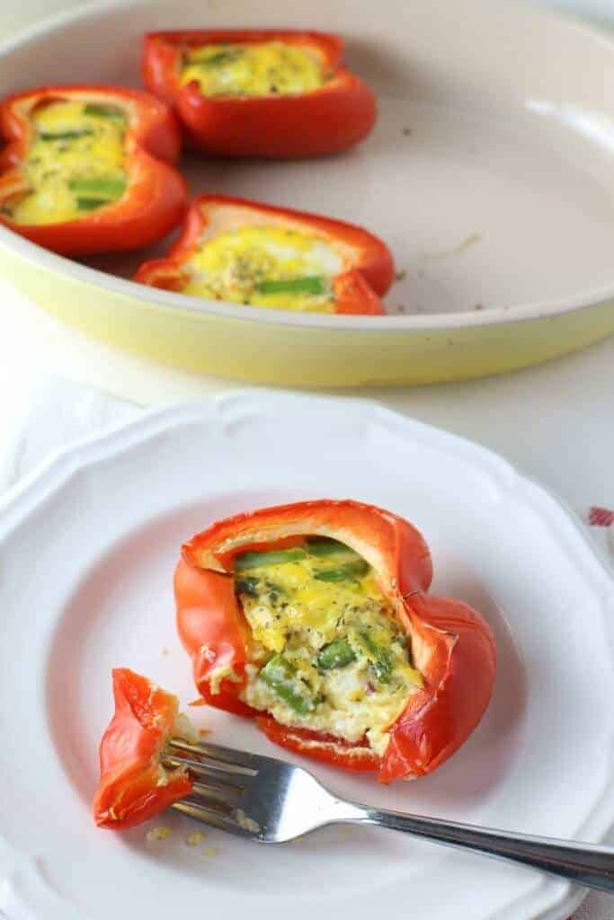 Spoon into the bell peppers and bake at 350 degrees for about 15 minutes. You could sprinkle another bit of feta cheese on top when they come out of the oven.