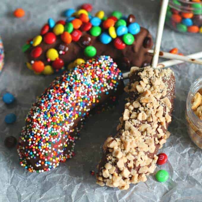 Chocolate Covered Frozen Bananas with M&M's Sprinkles Nuts and more