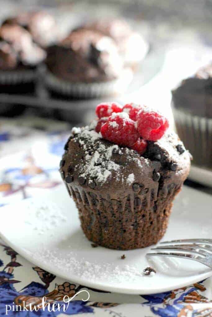 These chocolate raspberry breakfast muffins are super moist, easy to make, and ready in less than 30 minutes.