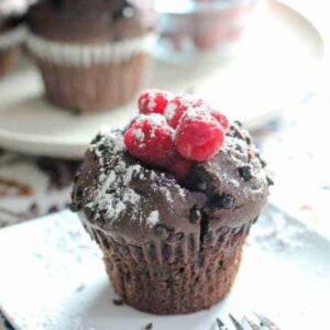 These chocolate raspberry breakfast muffins are super moist, easy to make, and ready in less than 30 minutes.
