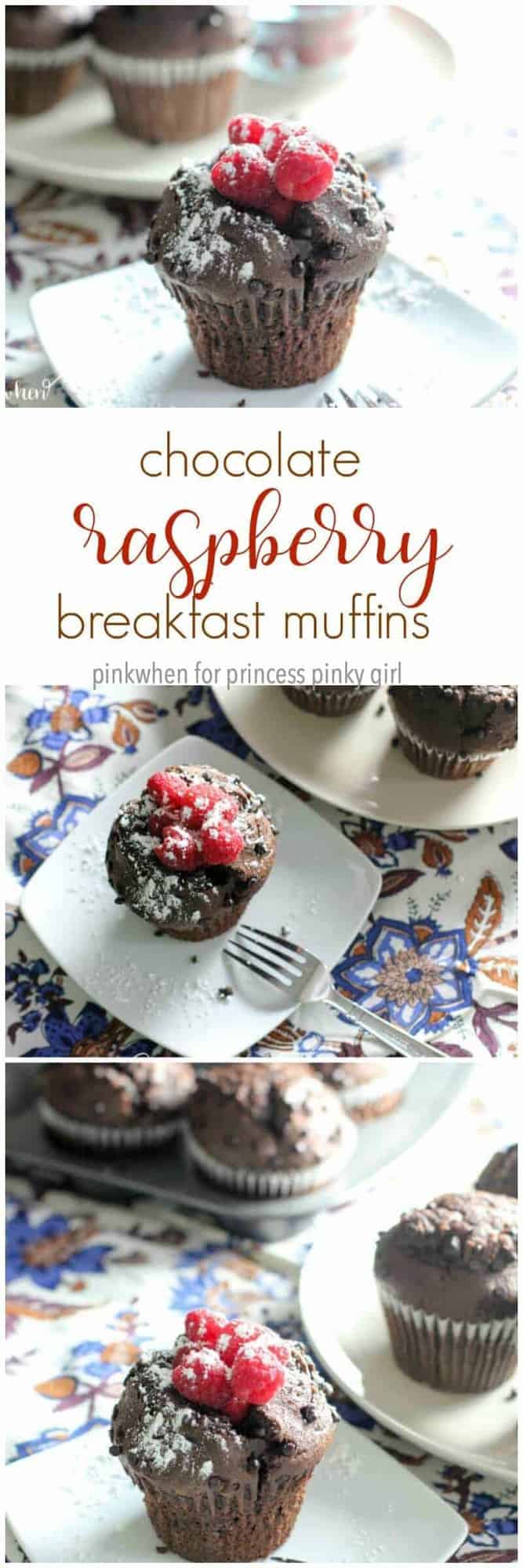 What's not to love about a chocolate muffin for breakfast?  These chocolate raspberry breakfast muffins are one of my favorite weekend cheats.  They are super moist, loaded with chocolate chips, and topped with raspberries and a sprinkle or two of powdered sugar.