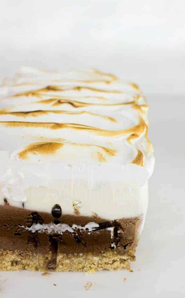 This S'more Ice Cream Cake takes s'mores to the next level with a crisp graham cracker crust, layers of dark chocolate and vanilla ice cream, and a billowy toasted meringue!