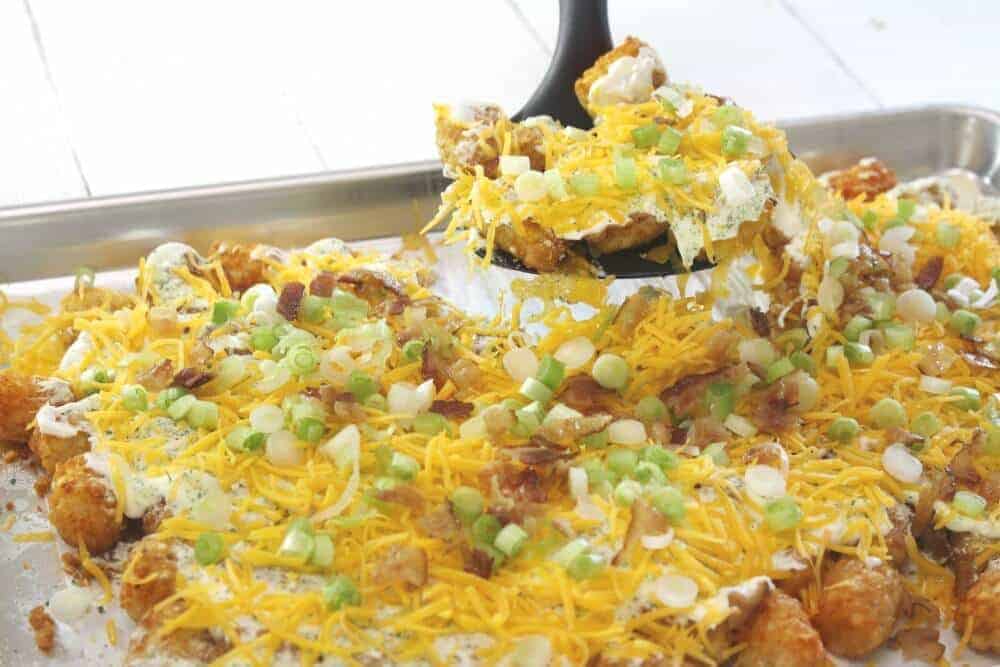 Totchos tater tot nachos on a pan