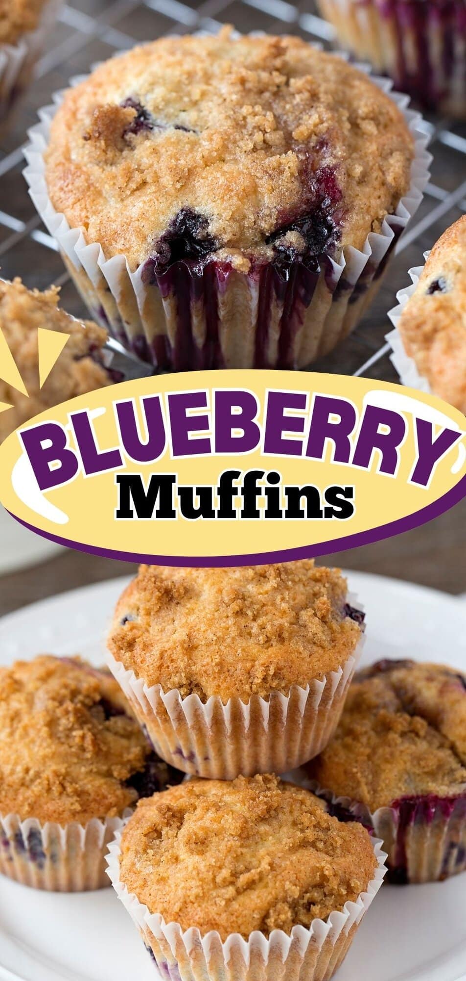 Blueberry streusel muffin on a cooling rack and a group of muffins on a white plate.