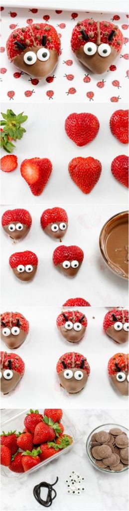 Strawberries me to look like ladybugs with candy eyes and chocolate