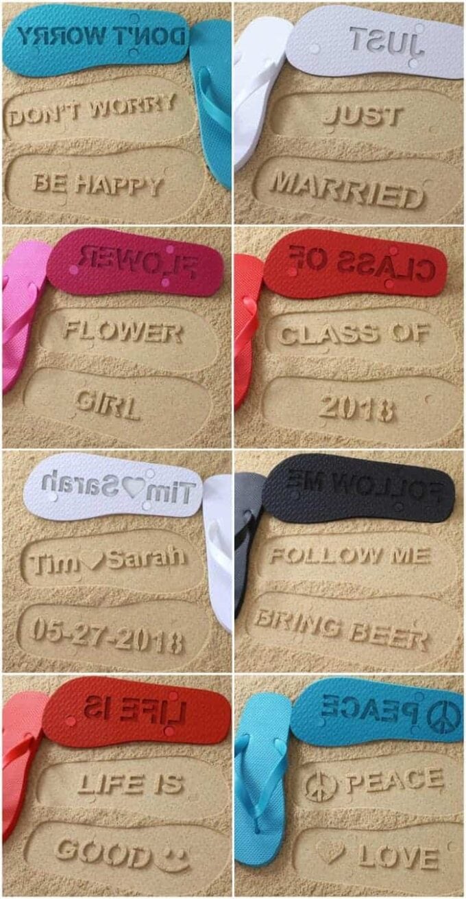 Custom made flip flops to make words in the sand