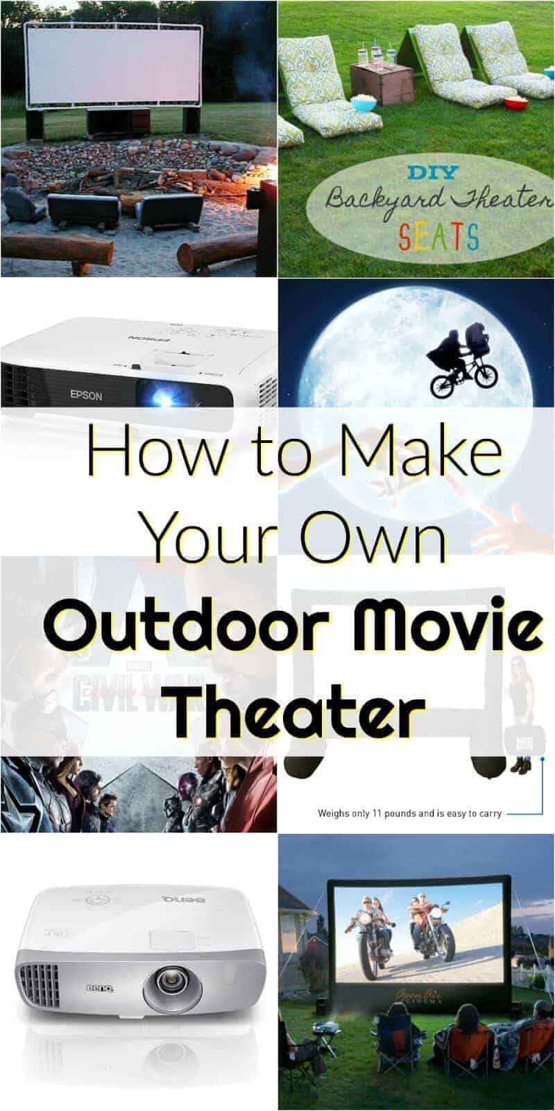 A collage image on how to make your own backyard movie theater