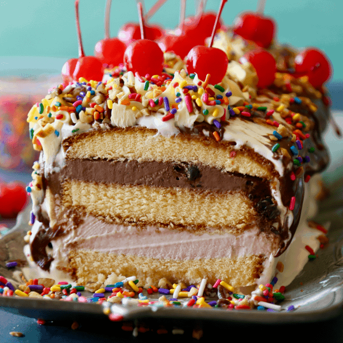 No Bake Ice Cream Cake - delicious with pound cake, ice cream, hot fudge and sprinkles - don't forget the cherry on top!