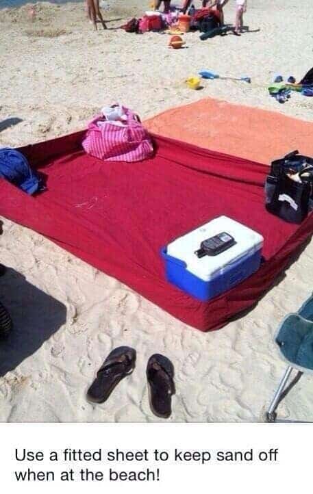 Use a fitted sheet at the beach to keep sand off of it via Reddit