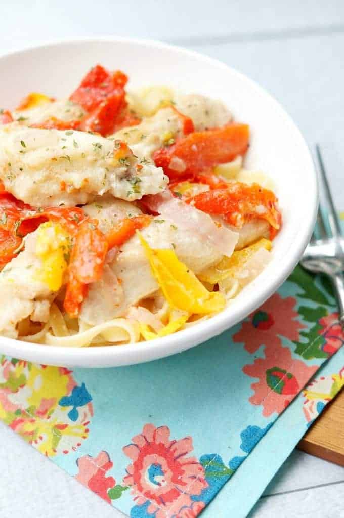 Instant pot chicken scampi with pasta, red peppers, garlic, parmesan cheese and more!