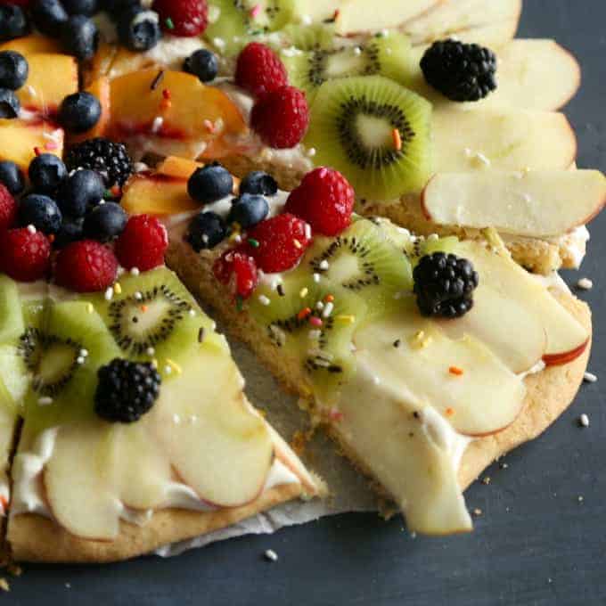 Sugar Cookie Fruit Pizza - raspberries, kiwi, blueberries, peach and more!