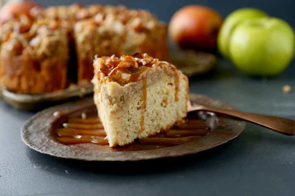 Slice of Caramel Apple Coffee Cake with Caramel drizzle 