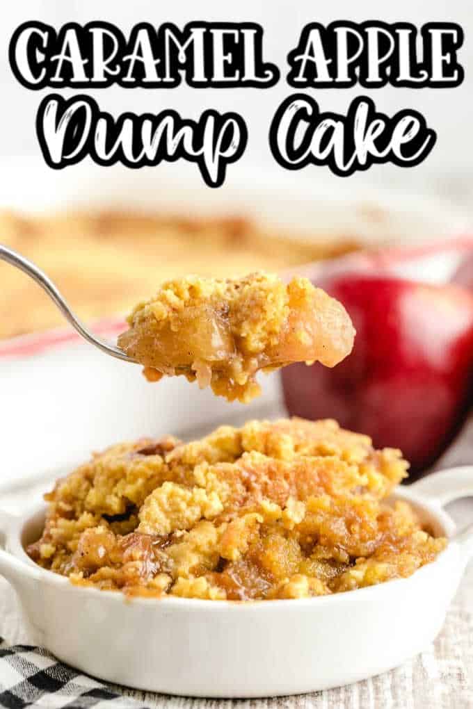 Caramel Apple Dump Cake with a bite on a spoon
