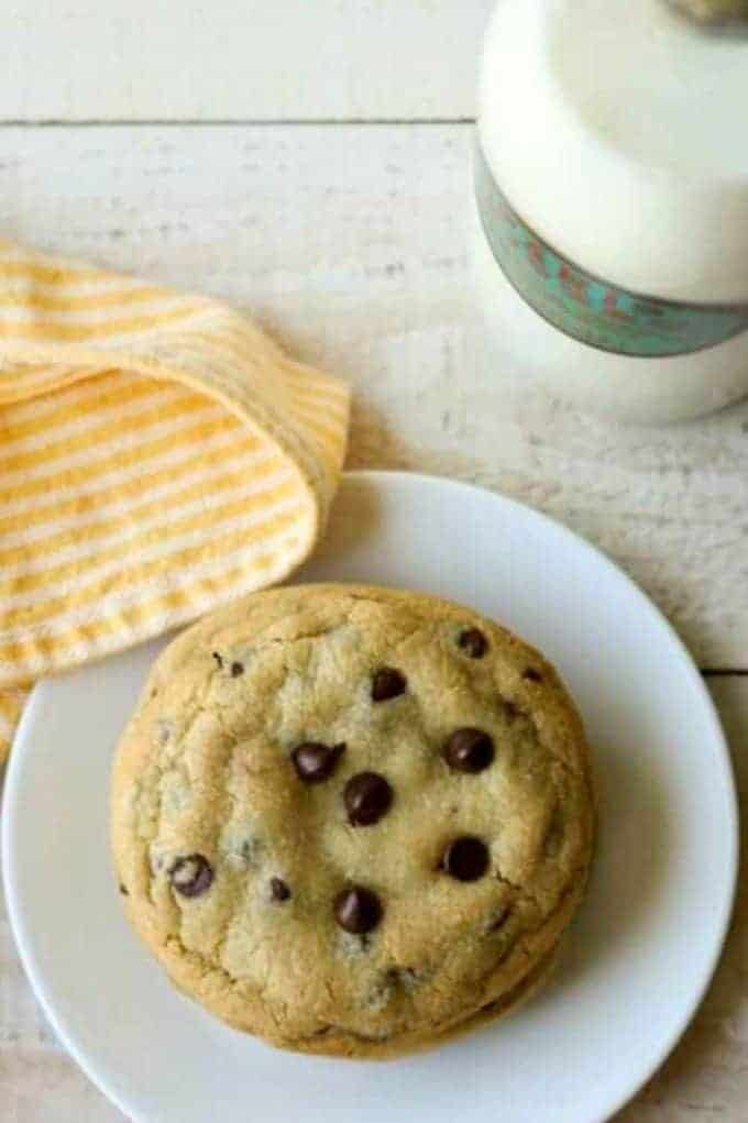 Caramel Stuffed Chocolate Chip cookies on a white plate