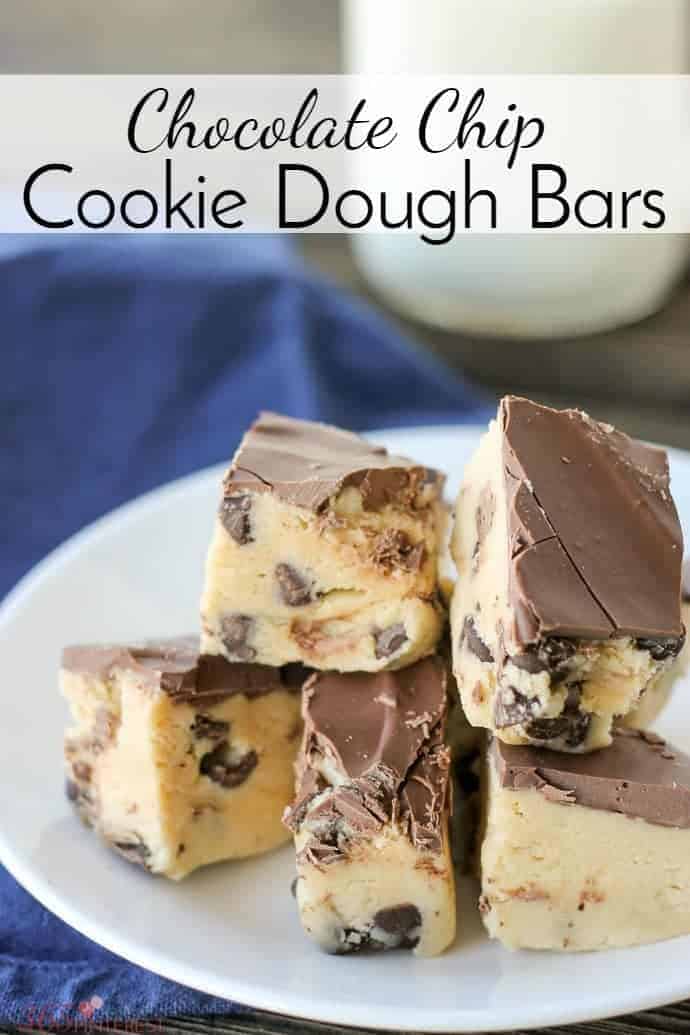 Pinterest image for chocolate chip cookie dough bars on a white plate