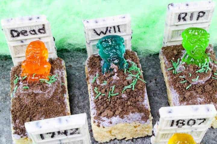 Close up of zombie graveyard rice krispie treats