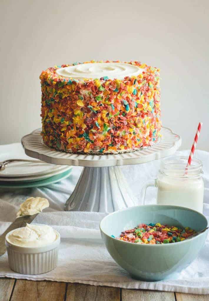 Decorate a cake using cereal - love this creative and easy cake decorating idea from Butter Lust Blog