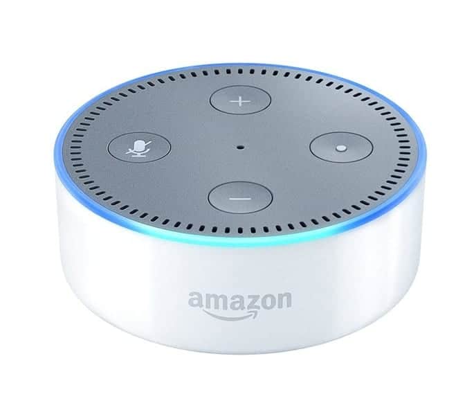An Amazon echo lit up with blue lights