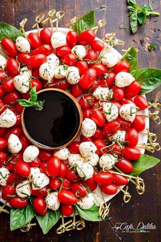 Caprese Salad Wreath by Cafe Delites and other great party tray ideas