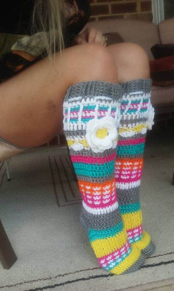 Crochet knee high sock slippers