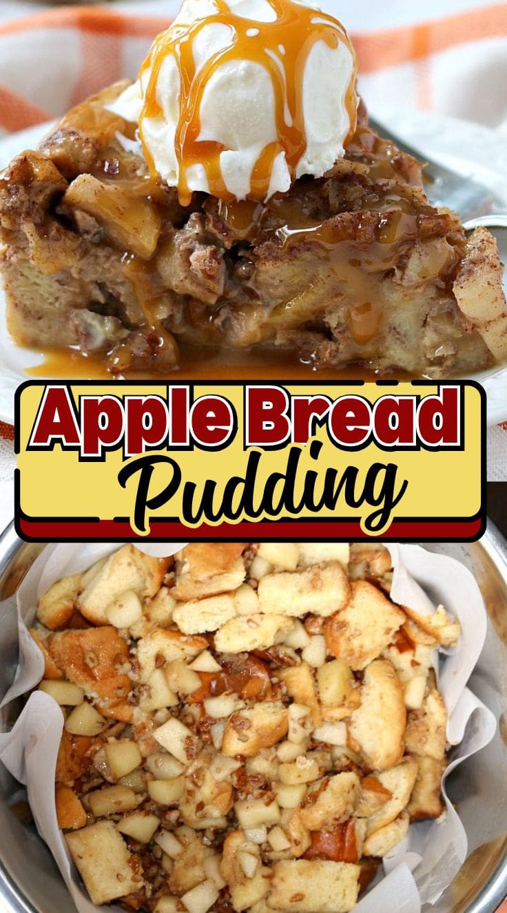 A slice of Apple Bread Pudding with a scoop of vanilla ice cream served on a plate