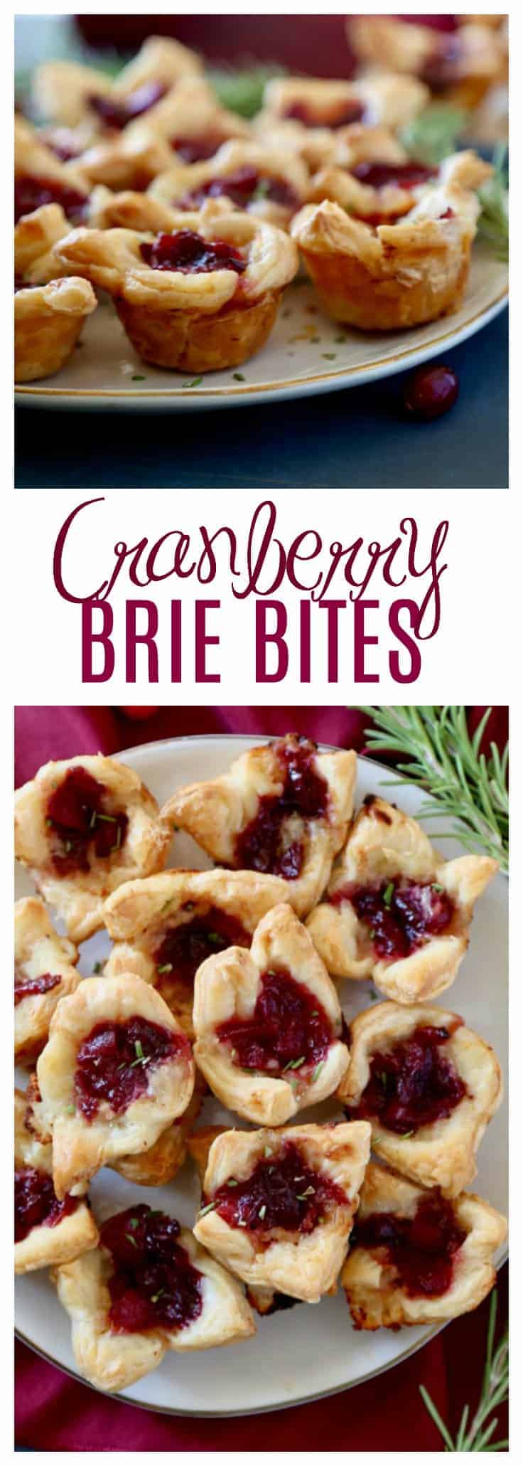 These Cranberry Brie Bites are an easy appetizer to make, festive, and perfect for your holiday party. With only three ingredients keep the focus more on friends and family instead of the food! All you need is a store bought pastry, brie and cranberry sauce (add in some rosemary for garnish) and your guests will be popping these delightful bites of deliciousness into their mouths and begging you for the recipe!