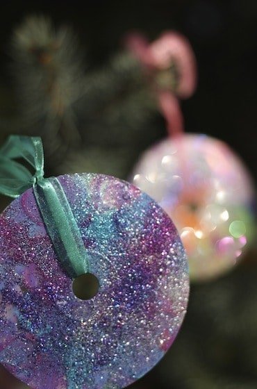 Painted and Glittered CD Ornaments by Happy Hooligans | The best ever kids Christmas Crafts. So many fun ideas to get the kids involved in the holiday fun!