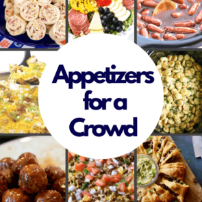 A collage image showing many different types of appetizers for a crowd