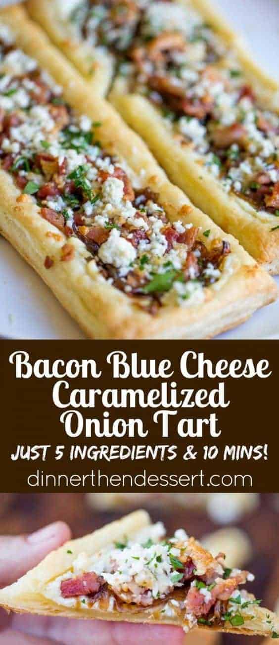 A Pinterest image of bacon and blue cheese caramelized onion tart