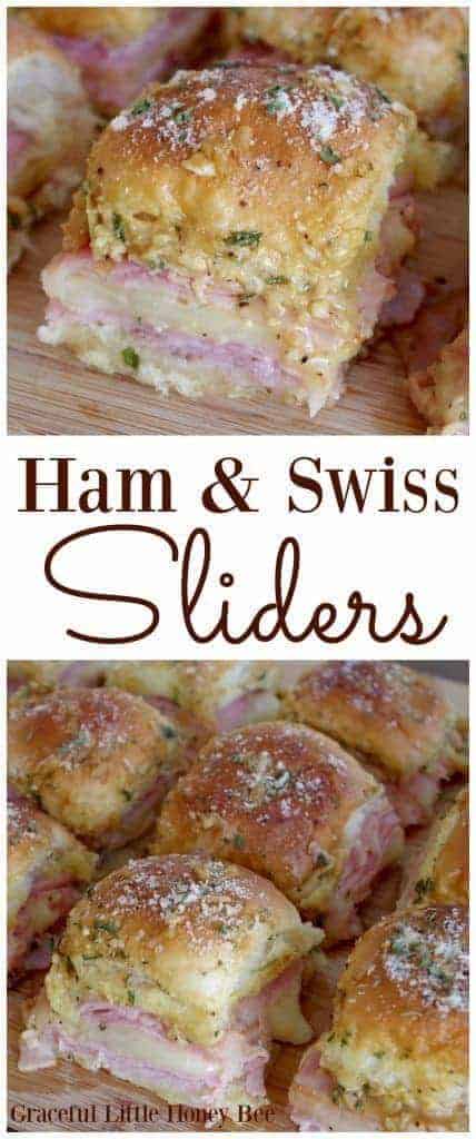 A Pinterest image for ham and Swiss sliders