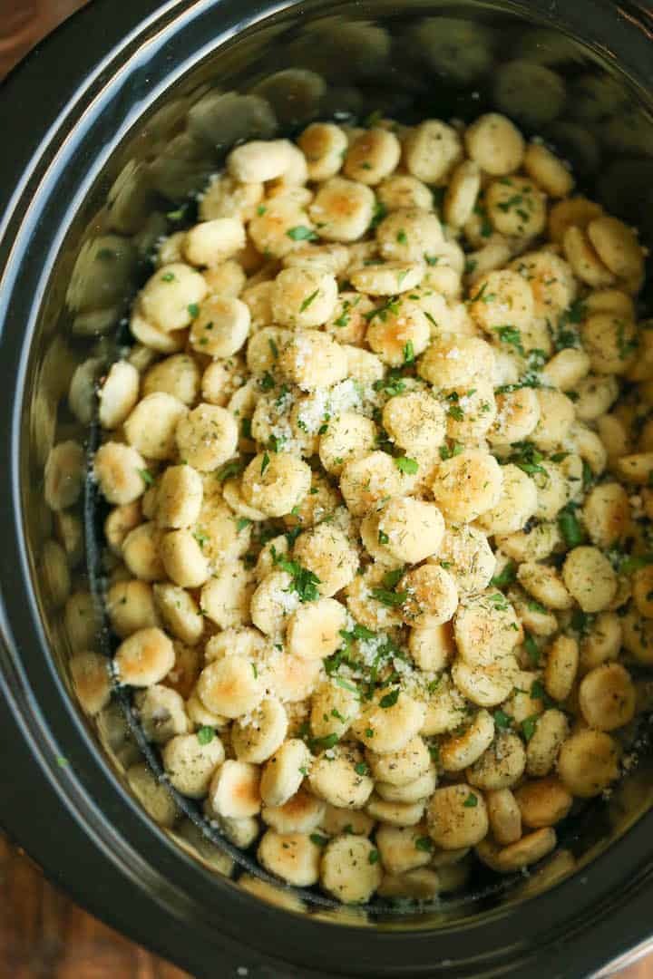 Parmesan ranch oyster crackers in a black bowl