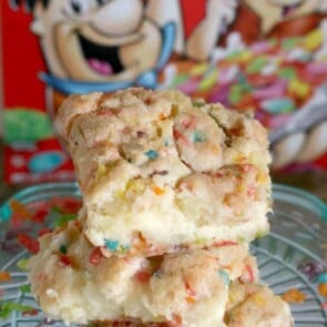 Fruity Pebbles Cookie Cheesecake Bars