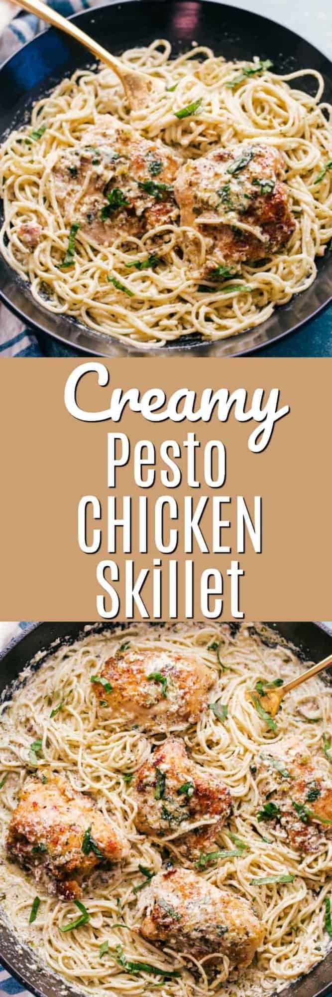 A Pinterest images or creamy pesto chicken in a skillet
